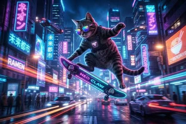 A cat wearing sunglasses riding a skateboard