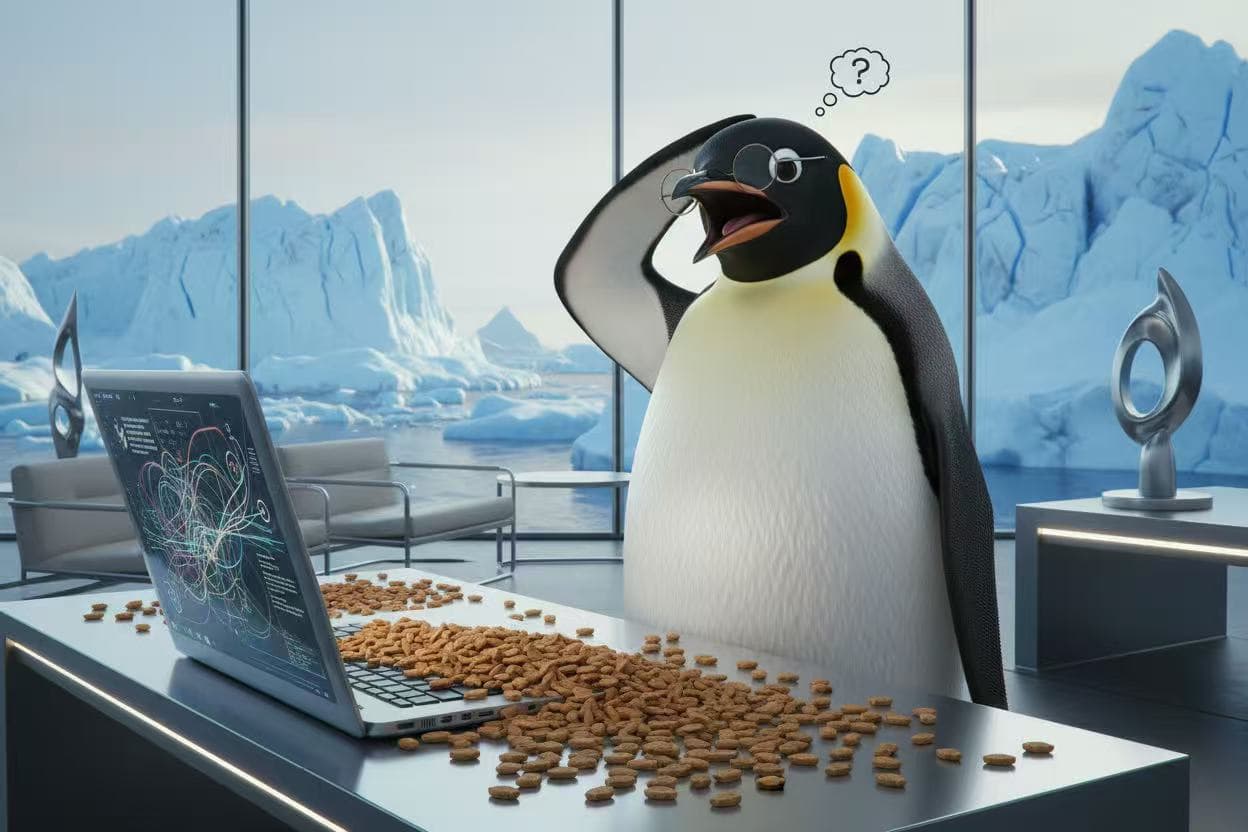 A confused penguin looking at a computer