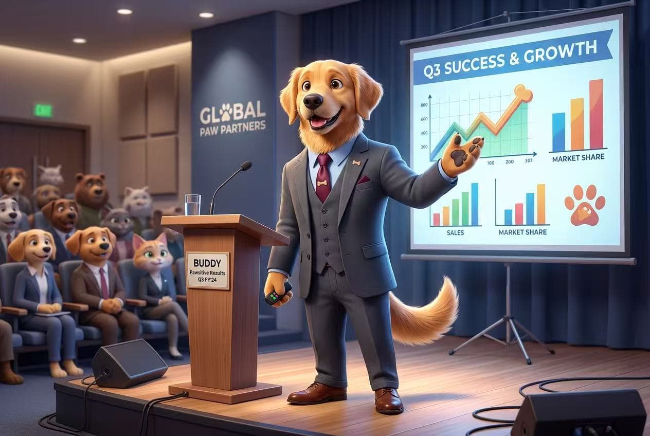 A dog in a business suit giving a presentation